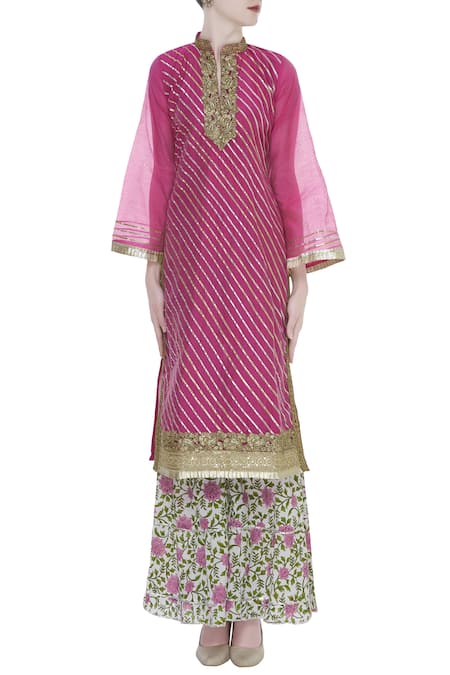 Buy_Kunwarani Ritu_White Chanderi Gota Patti Embroidered Zardozi Kurta Sharara Set  _Online_at_Aza_Fashions