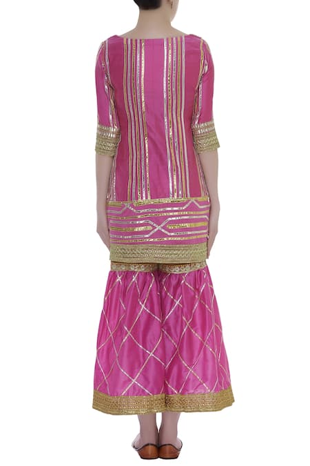 Shop_Kunwarani Ritu_Pink Cotton Silk Gota Patti Embroidered Round Kurta Sharara Set  _at_Aza_Fashions