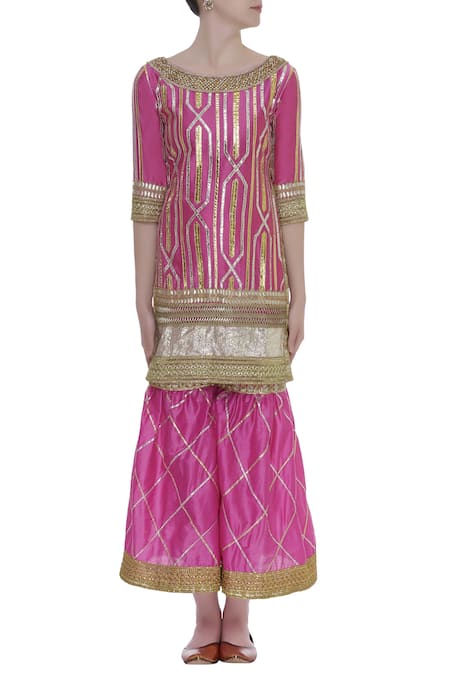 Buy_Kunwarani Ritu_Pink Cotton Silk Gota Patti Embroidered Round Kurta Sharara Set  _Online_at_Aza_Fashions