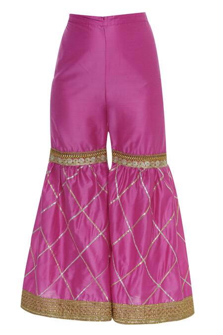 Shop_Kunwarani Ritu_Pink Cotton Silk Gota Patti Embroidered Round Kurta Sharara Set  _Online_at_Aza_Fashions