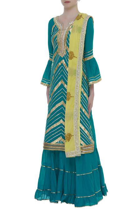 Kunwarani Ritu_Blue Gota Patti Sharara Kurta Set With Printed Dupatta  _Online_at_Aza_Fashions