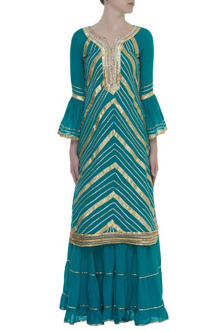 Buy_Kunwarani Ritu_Blue Gota Patti Sharara Kurta Set With Printed Dupatta  _Online_at_Aza_Fashions