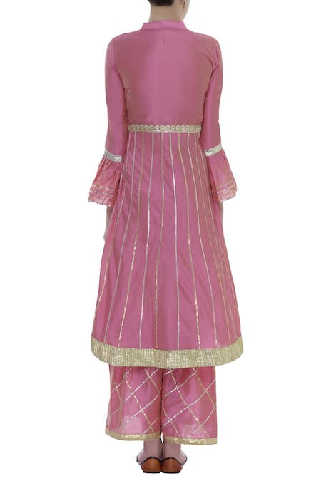 Shop_Kunwarani Ritu_Pink Cotton Silk Gota Patti Embroidered Notched Kurta Sharara Set  _at_Aza_Fashions