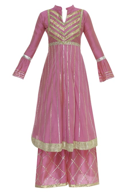 Buy_Kunwarani Ritu_Pink Cotton Silk Gota Patti Embroidered Notched Kurta Sharara Set  _Online_at_Aza_Fashions