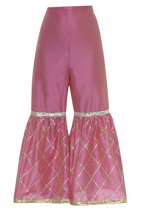 Shop_Kunwarani Ritu_Pink Cotton Silk Gota Patti Embroidered Notched Kurta Sharara Set  _Online_at_Aza_Fashions