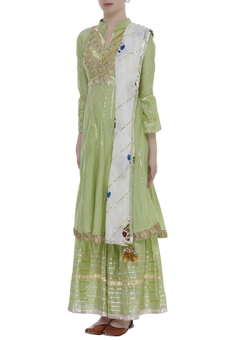 Kunwarani Ritu_Green Cotton Silk Gota Patti Embroidered Anarkali Kurta Sharara Set  _Online_at_Aza_Fashions