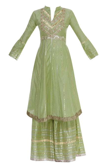 Buy_Kunwarani Ritu_Green Cotton Silk Gota Patti Embroidered Anarkali Kurta Sharara Set  _Online_at_Aza_Fashions