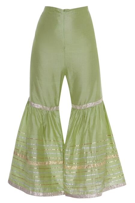 Shop_Kunwarani Ritu_Green Cotton Silk Gota Patti Embroidered Anarkali Kurta Sharara Set  _Online_at_Aza_Fashions