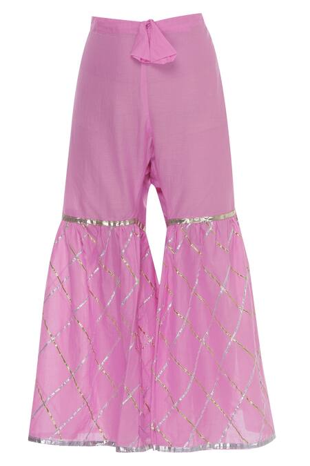 Shop_Kunwarani Ritu_Pink Embroidered Gota Work V Neck Kurta And Sharara Set  _Online_at_Aza_Fashions