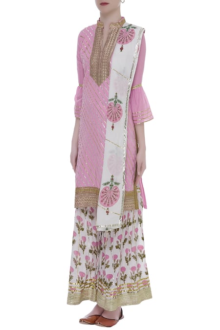 Buy_Kunwarani Ritu_White Gota Patti Embroidered Band Collar Kurta Sharara Set  _Online_at_Aza_Fashions