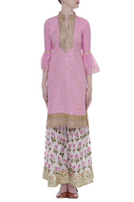 Shop_Kunwarani Ritu_White Gota Patti Embroidered Band Collar Kurta Sharara Set  _Online_at_Aza_Fashions