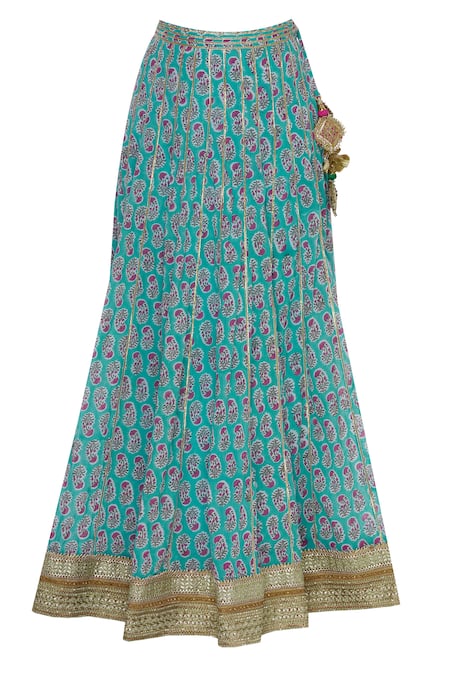 Shop_Kunwarani Ritu_Blue Gota Patti Embroidered Notch Collar Printed Kurta Lehenga Set _Online_at_Aza_Fashions
