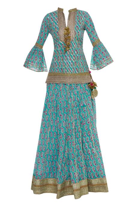 Buy_Kunwarani Ritu_Blue Gota Patti Embroidered Notch Collar Printed Kurta Lehenga Set _Online_at_Aza_Fashions
