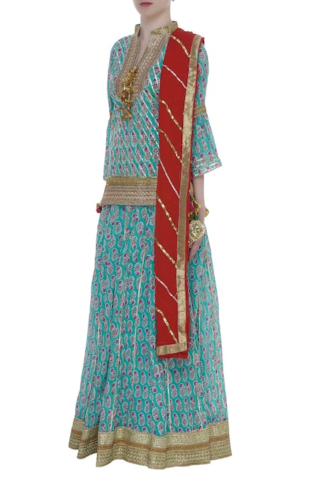 Kunwarani Ritu_Blue Gota Patti Embroidered Notch Collar Printed Kurta Lehenga Set _Online_at_Aza_Fashions