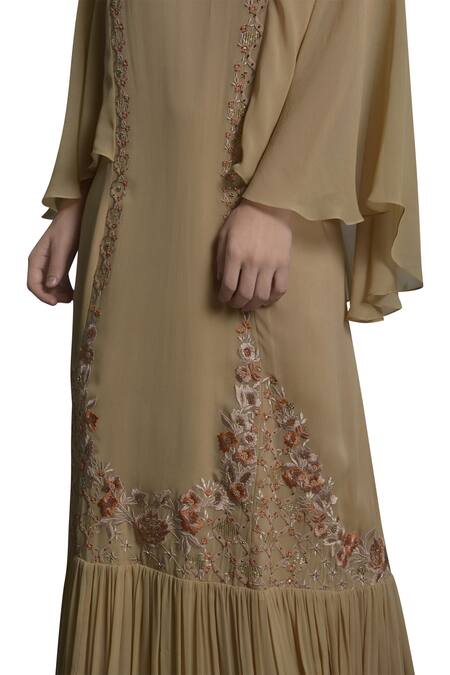 Mandira Wirk Resort_Beige Thread Embroidered Pleated Hemline Kaftan Dress_Online_at_Aza_Fashions