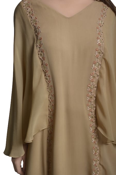 Shop_Mandira Wirk Resort_Beige Thread Embroidered Pleated Hemline Kaftan Dress_Online_at_Aza_Fashions