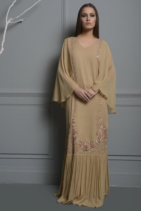 Buy_Mandira Wirk Resort_Beige Thread Embroidered Pleated Hemline Kaftan Dress_Online_at_Aza_Fashions