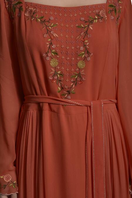 Mandira Wirk Resort_Orange Sequin Embroidered Kaftan Dress_Online_at_Aza_Fashions