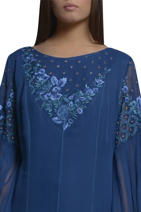 Mandira Wirk Resort_Blue Thread Embroidered Kaftan Dress_Online_at_Aza_Fashions