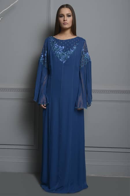 Buy_Mandira Wirk Resort_Blue Thread Embroidered Kaftan Dress_Online_at_Aza_Fashions