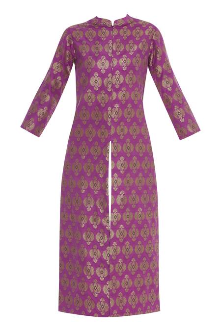 Vishwa By Pinki Sinha_Purple Brocade Silk Tunic With Front Slit_Online_at_Aza_Fashions
