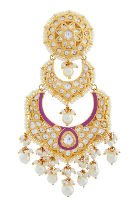 Shop Moh-Maya By Disha Khatri Gold Plated Pearls Kundan Tiered Danglers at Aza Fashions Shop_Moh-Maya By Disha Khatri_Gold Plated Pearls Kundan Tiered Danglers_at_Aza_Fashions