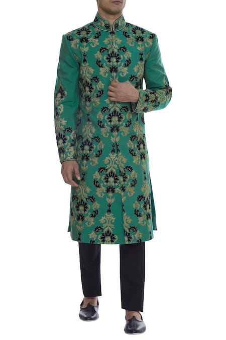 Zubair Kirmani Green Applique And Dori Embroidered Sherwani