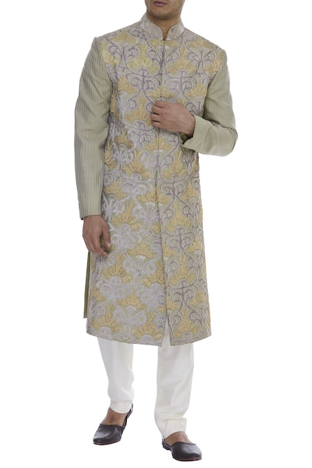 Zubair Kirmani Grey Thread And Applique Embroidered Sherwani