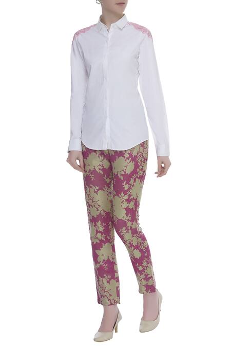 Archana Rao Pink Floral Printed Straight Cut Trouser