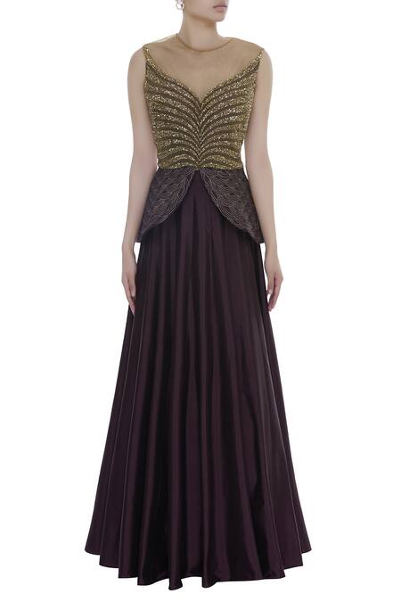 Ridhi Arora_Purple Tafetta Round Sequins Embellished Peplum Blouse And Lehenga Set _Online_at_Aza_Fashions