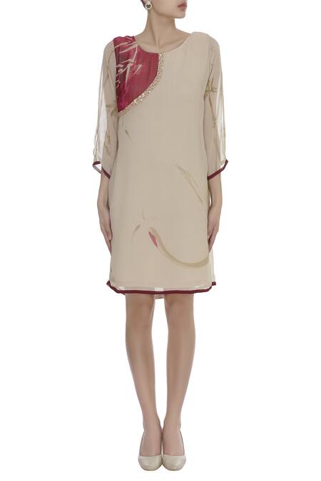 Arpan Vohra_Beige Georgette Round Sequin Embellished Dress _Online_at_Aza_Fashions