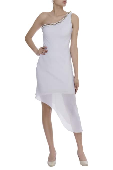 Arpan Vohra White One Shoulder Embroidered Asymmetric Hem Dress 