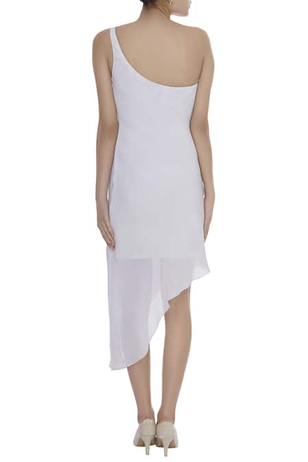 Shop Arpan Vohra White One Shoulder Embroidered Asymmetric Hem Dress at Aza Fashions Shop_Arpan Vohra_White One Shoulder Embroidered Asymmetric Hem Dress _at_Aza_Fashions