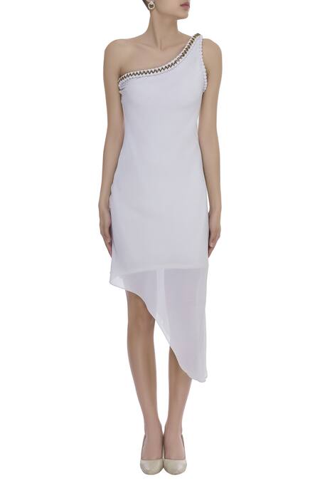 Arpan Vohra White One Shoulder Embroidered Asymmetric Hem Dress Online at Aza Fashions Arpan Vohra_White One Shoulder Embroidered Asymmetric Hem Dress _Online_at_Aza_Fashions