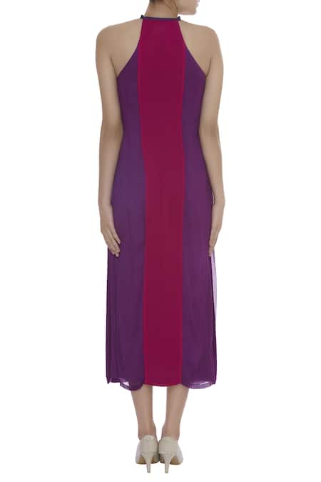 Shop Arpan Vohra Purple Sequin Work Halter Neck Elephant Motif Patchwork Embroidered Dress at Aza Fashions Shop_Arpan Vohra_Purple Sequin Work Halter Neck Elephant Motif Patchwork Embroidered Dress _at_Aza_Fashions