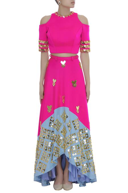 Papa Don't Preach Pink Acrylic Heart Motifs Embroidered Lehenga Set Online at Aza Fashions Papa Don't Preach_Pink Acrylic Heart Motifs Embroidered Lehenga Set_Online_at_Aza_Fashions