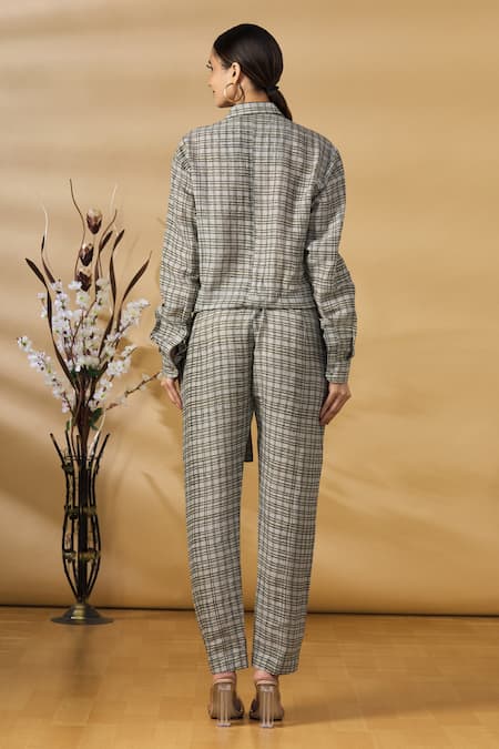Shop Punit Balana Grey Checkered Collared Neck Jumpsuit With Belt at Aza Fashions Shop_Punit Balana_Grey Checkered Collared Neck Jumpsuit With Belt _at_Aza_Fashions