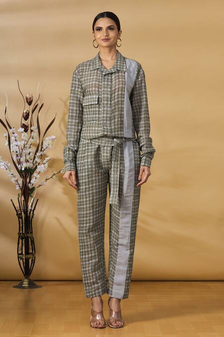 Punit Balana Grey Checkered Collared Neck Jumpsuit With Belt Online at Aza Fashions Punit Balana_Grey Checkered Collared Neck Jumpsuit With Belt _Online_at_Aza_Fashions