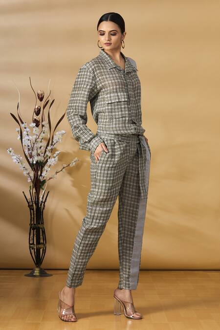 Buy Punit Balana Grey Checkered Collared Neck Jumpsuit With Belt Online at Aza Fashions Buy_Punit Balana_Grey Checkered Collared Neck Jumpsuit With Belt _Online_at_Aza_Fashions