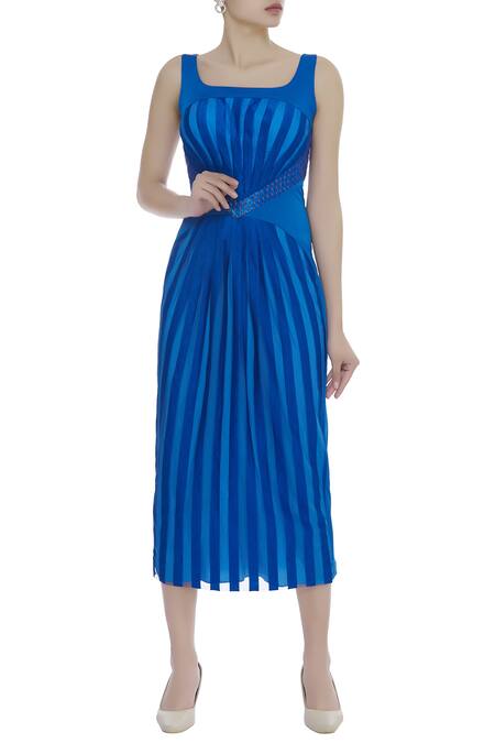 Quo by Ishita Mangal Blue Pleated And Checkered Midi Dress