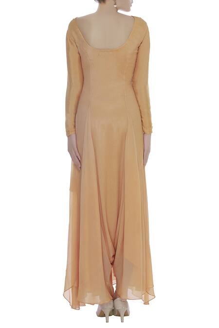Shop_Nidzign Couture_Peach Georgette Embroidery Thread Round Draped Panel Jumpsuit _at_Aza_Fashions