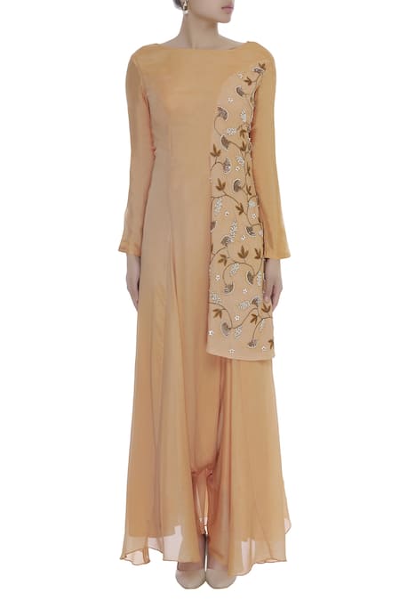 Nidzign Couture_Peach Georgette Embroidery Thread Round Draped Panel Jumpsuit _Online_at_Aza_Fashions