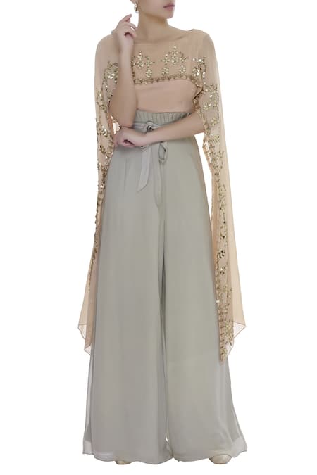 Nidzign Couture Embellished Cape Top With Pleated Waist Pants  