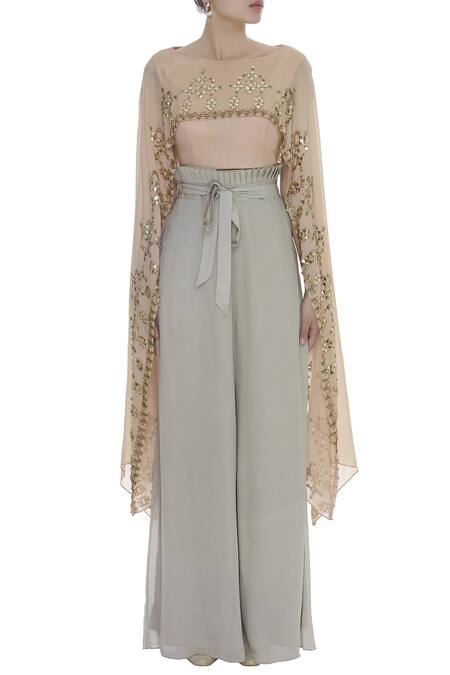 Nidzign Couture_Beige Georgette Boat Embellished Cape Top With Pleated Waist Pants  _Online_at_Aza_Fashions