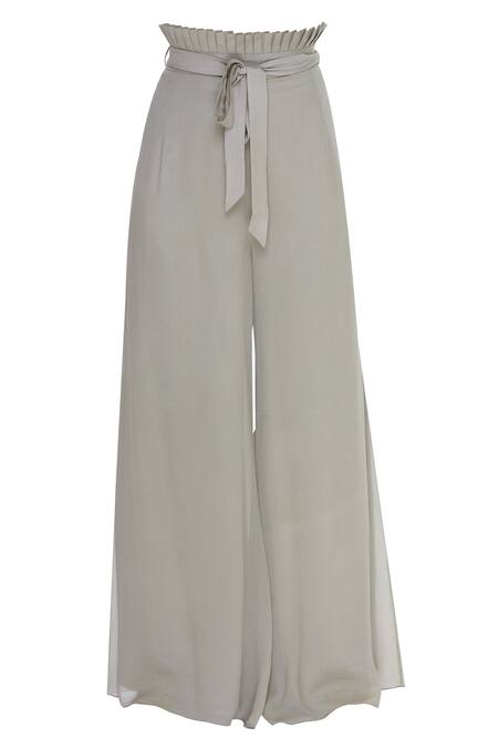 Buy_Nidzign Couture_Beige Georgette Boat Embellished Cape Top With Pleated Waist Pants  _Online_at_Aza_Fashions
