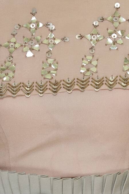 Shop_Nidzign Couture_Beige Georgette Boat Embellished Cape Top With Pleated Waist Pants  _Online_at_Aza_Fashions