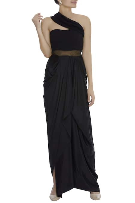 Divya Kanakia Black Georgette One-shoulder Draped Gown 