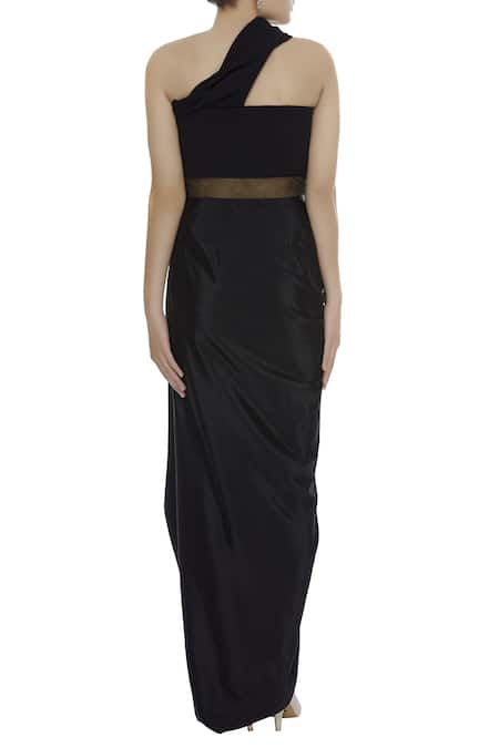Shop_Divya Kanakia_Black Georgette One-shoulder Draped Gown _at_Aza_Fashions