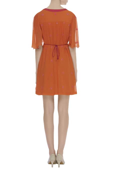 Shop Arpan Vohra Orange Motif Embroidered Pleated Midi Dress at Aza Fashions Shop_Arpan Vohra_Orange Motif Embroidered Pleated Midi Dress _at_Aza_Fashions