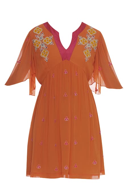 Arpan Vohra Orange Motif Embroidered Pleated Midi Dress Online at Aza Fashions Arpan Vohra_Orange Motif Embroidered Pleated Midi Dress _Online_at_Aza_Fashions